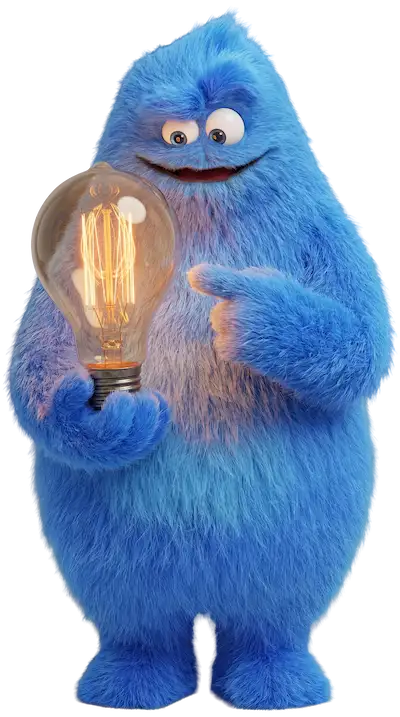 Blauwe mascotte van aanbieders.be die consumenten helpt besparen op energie, telecom en verzekeringen